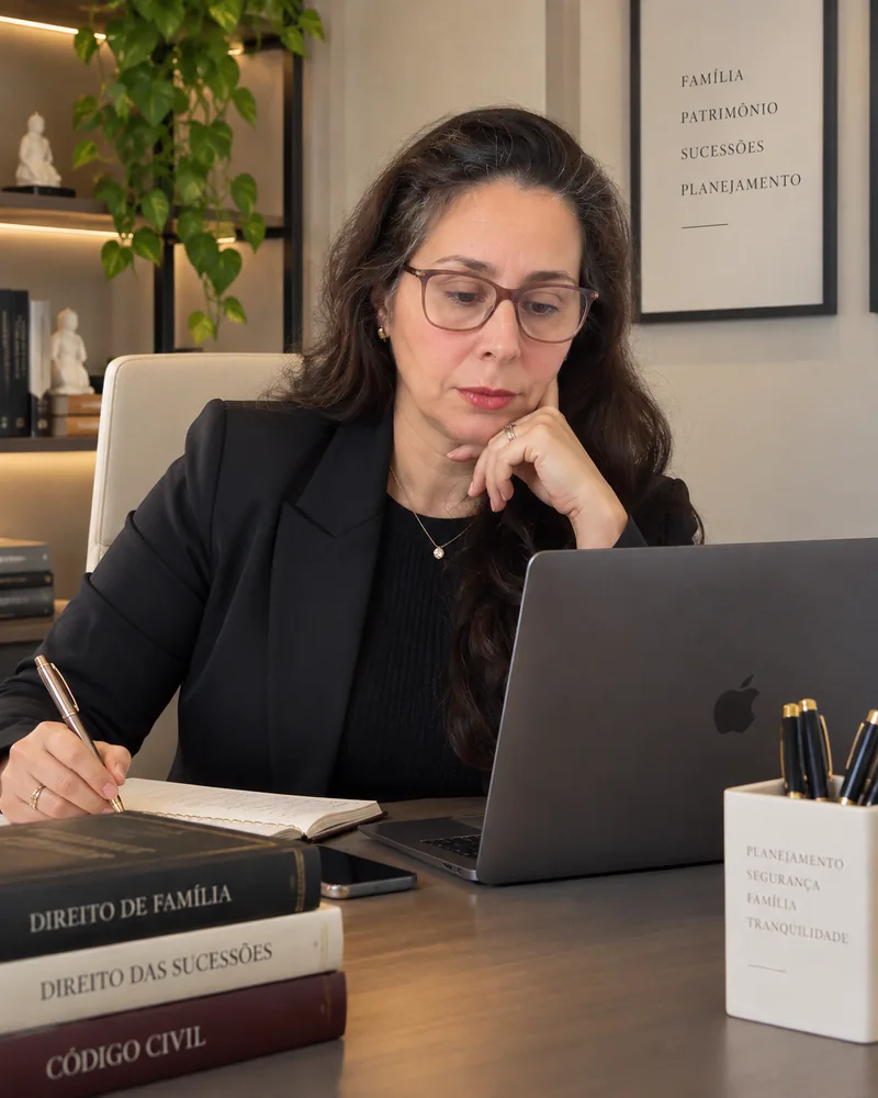 Graziela Solange Sagaz trabalhando na análise de documentos em seu escritório